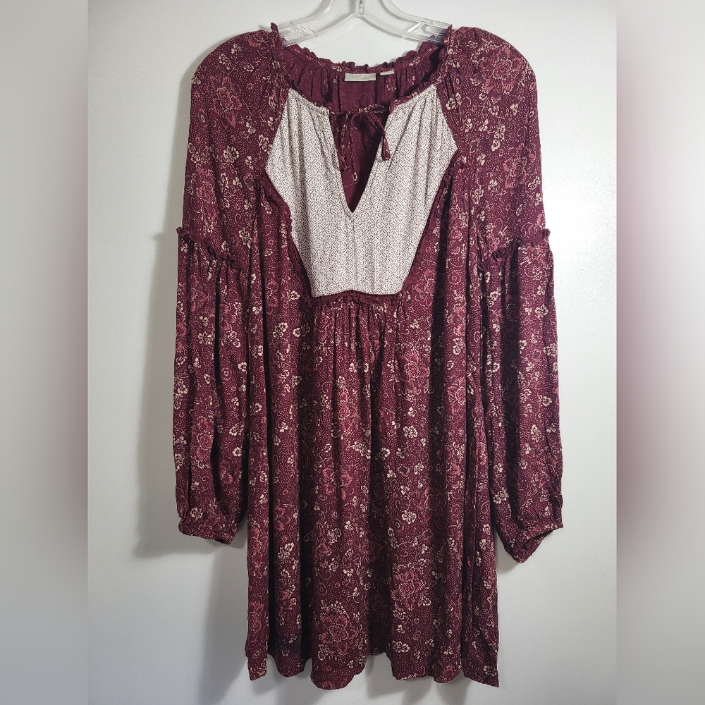 hinge  maroon peasant style mini dress  women's S  #2730